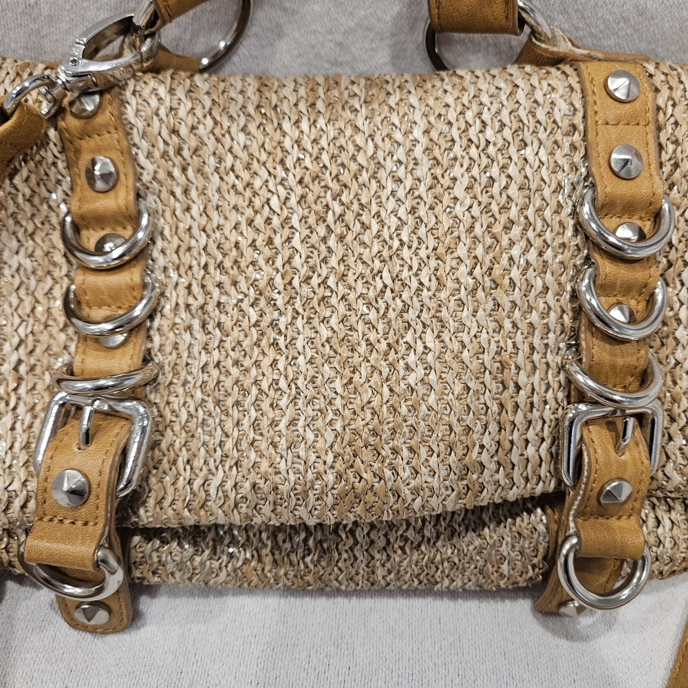 Olivia + Joy Tan and Brown Woven Crossbody Bag With Buckle And Ring Accents - Picture 2 of 9